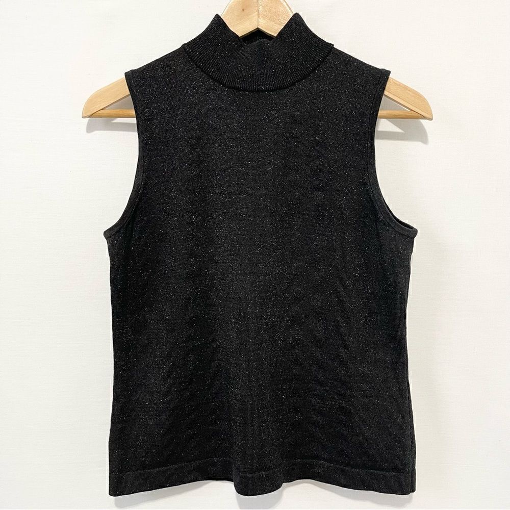 Evie Silk Blend Metallic Sleevless Mock Neck Top (Black)  - Medium